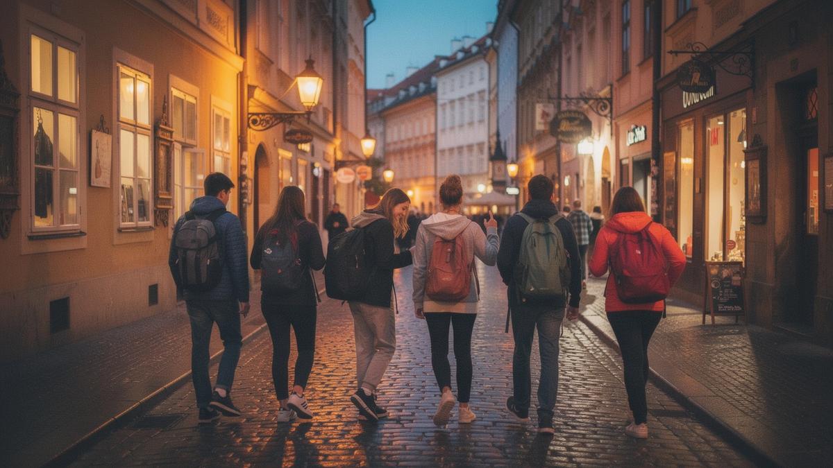 Students walking a cobbled old town street in Prague at dusk