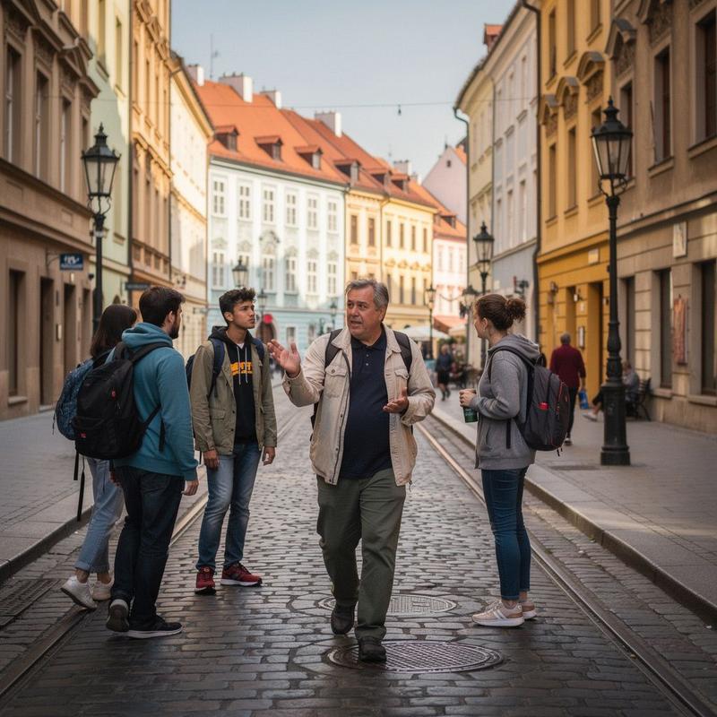Students walking a cobbled old-town street with a guide during a city walk
