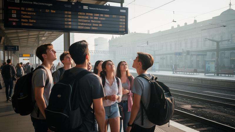 Students with backpacks waiting on a European station platform beside a departure board